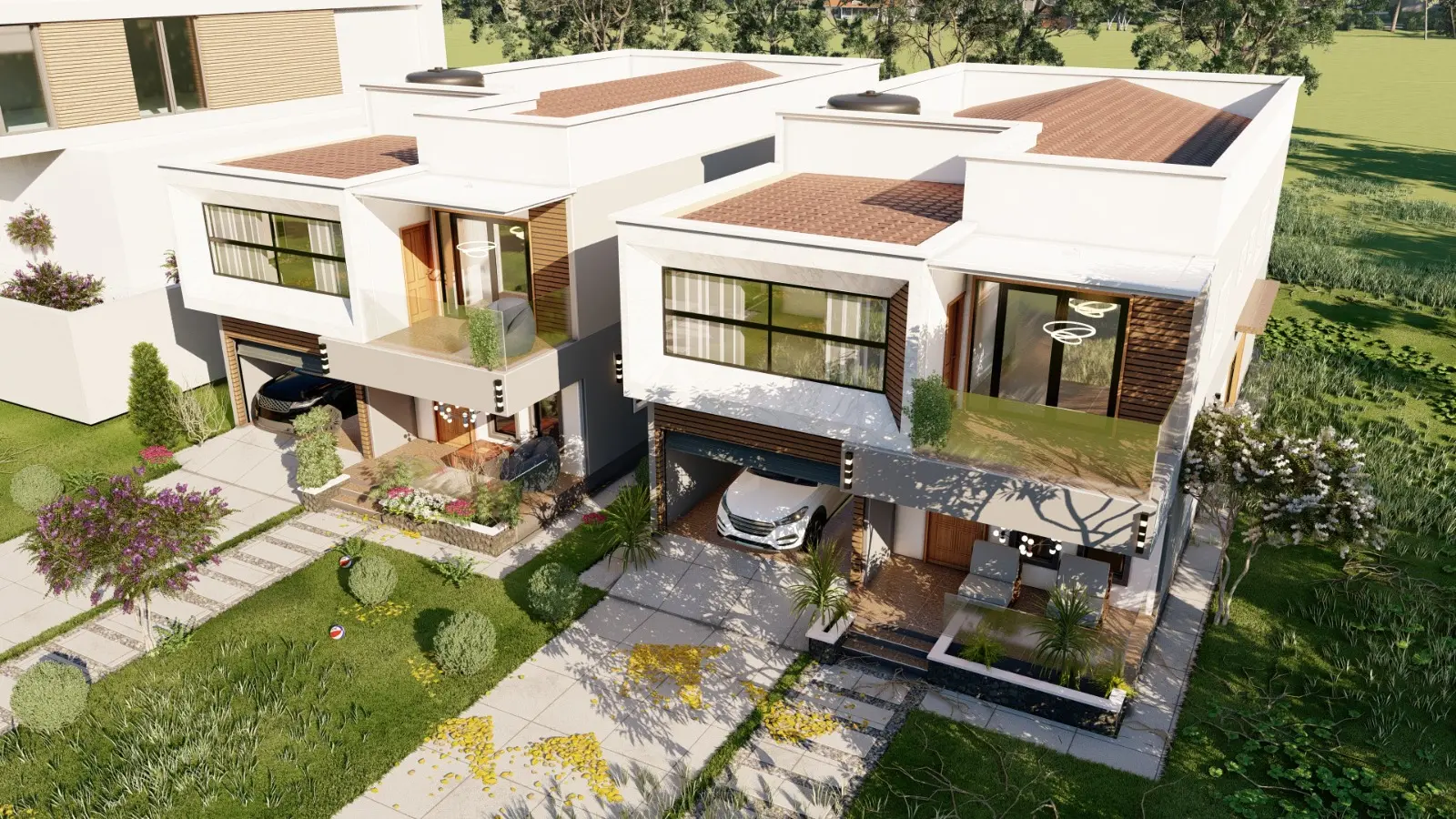 Architectural aerial render of the two homes at The Legacy