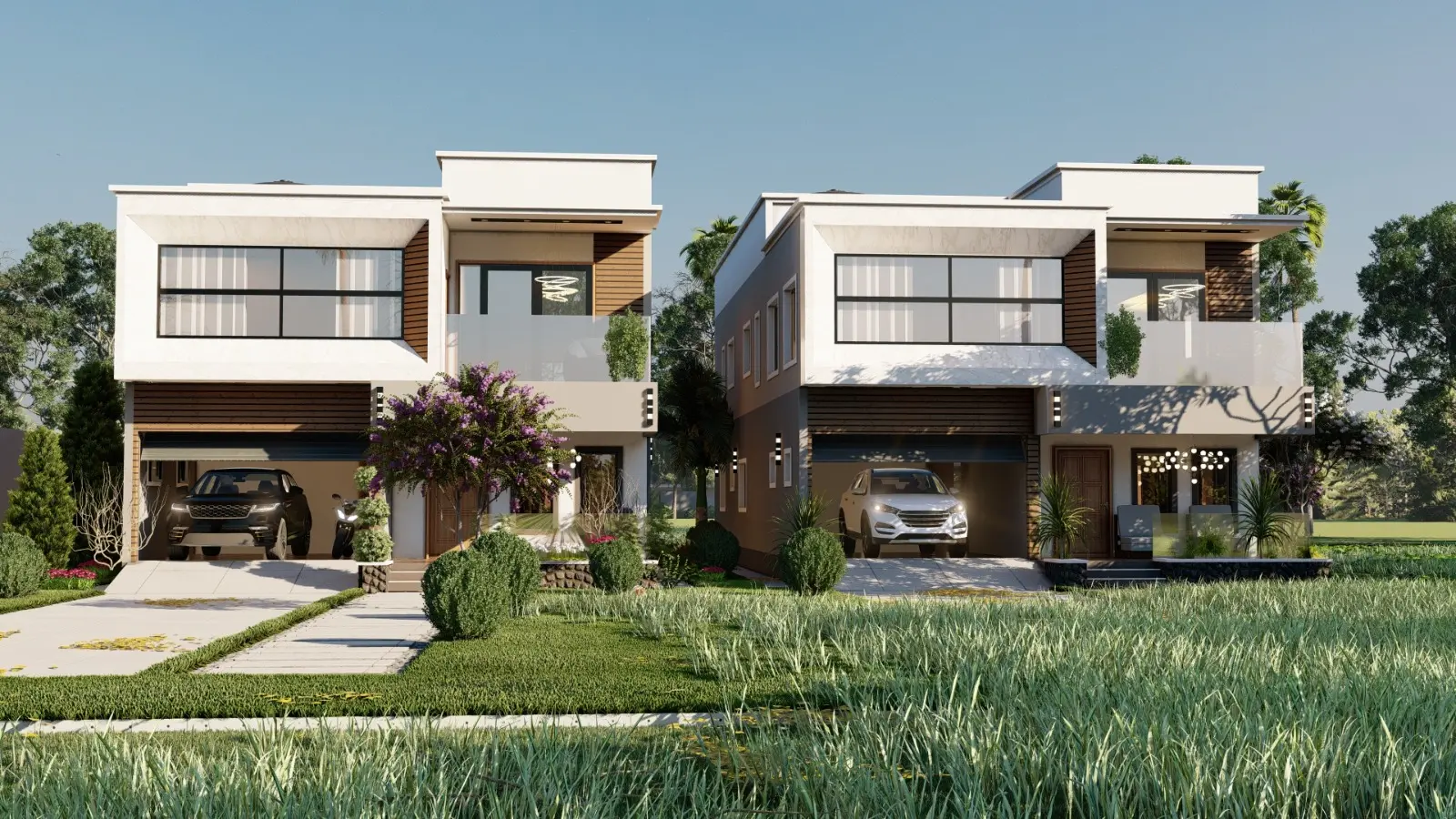 Architectural front facade render of both homes
