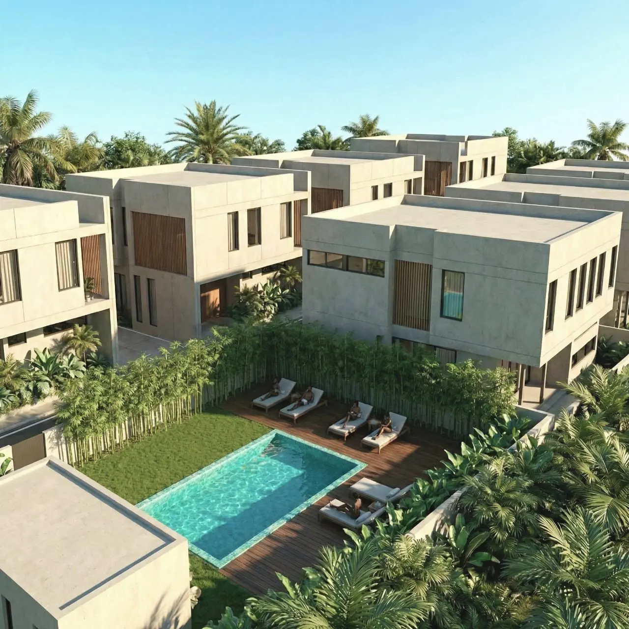 Aerial render showing Tatiana Residences with the optional community swimming pool