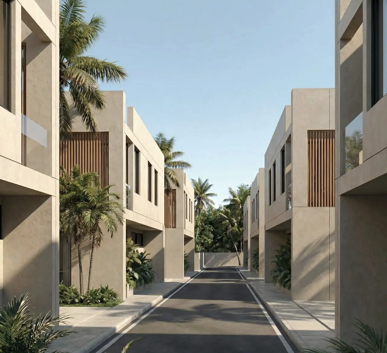 Daytime architectural render of Tatiana Residences' landscaped central driveway