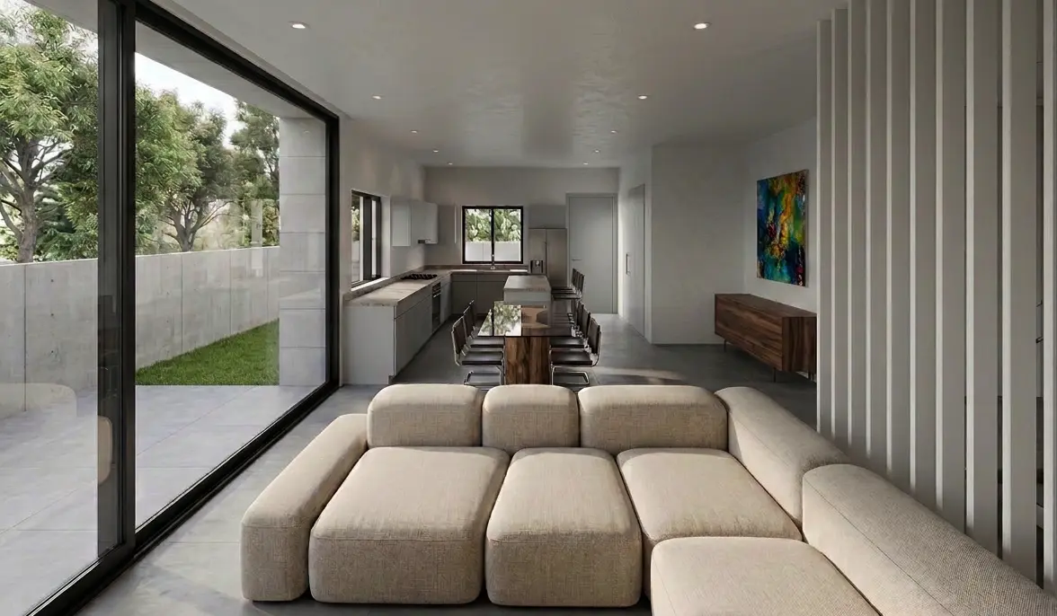 Render of the Tatiana Residences living room, kitchen and private garden