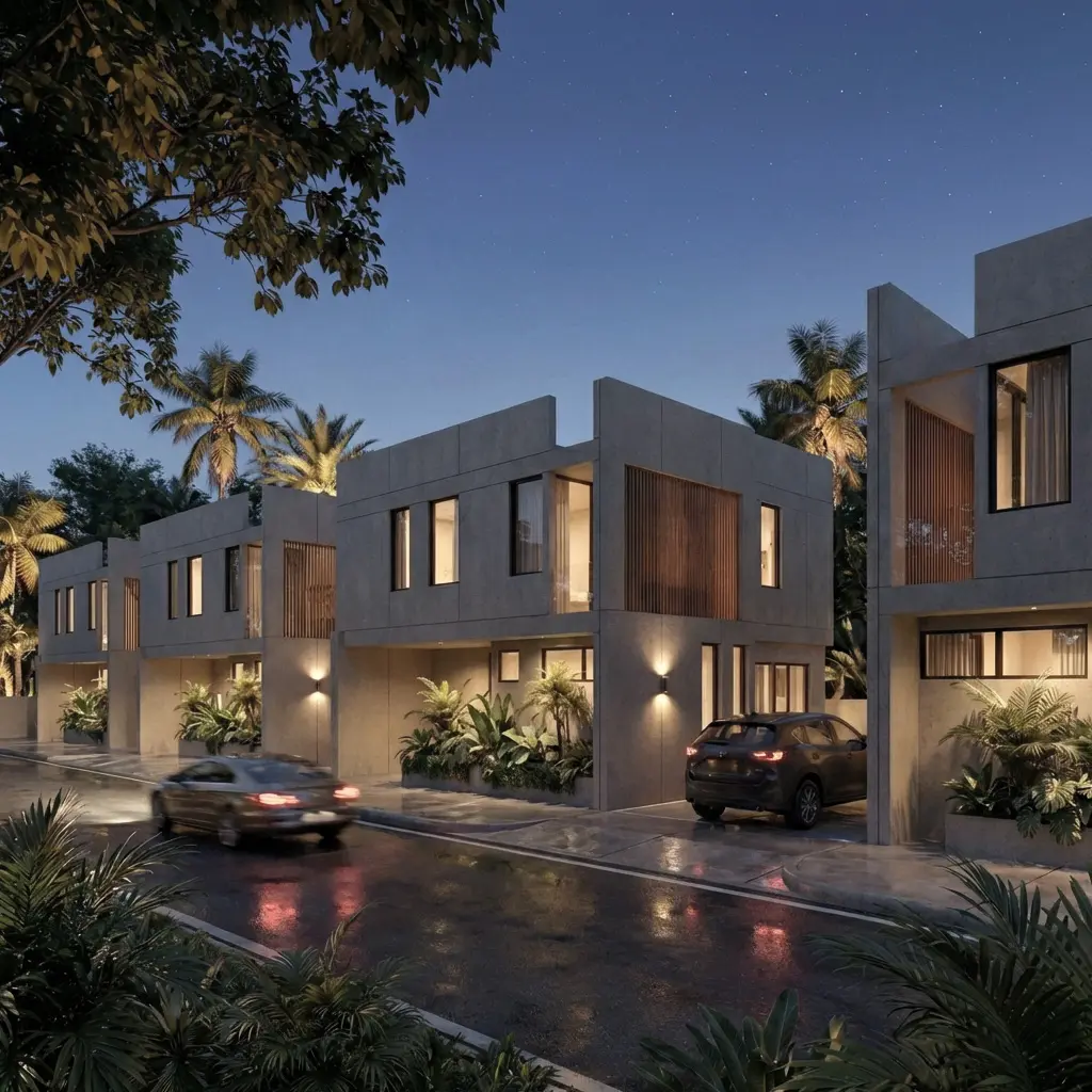 Evening architectural render of Tatiana Residences in East Airport, Accra
