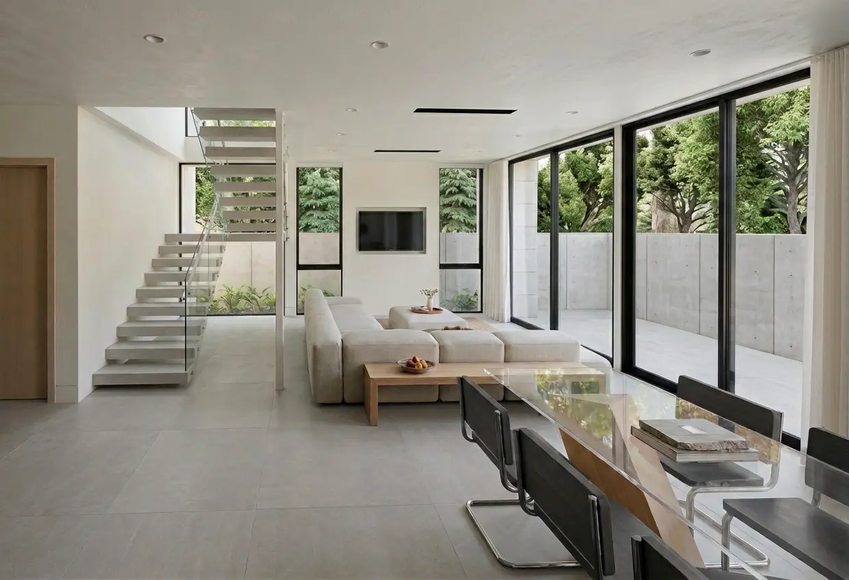 Daytime render of the open-plan living and dining room at Tatiana Residences